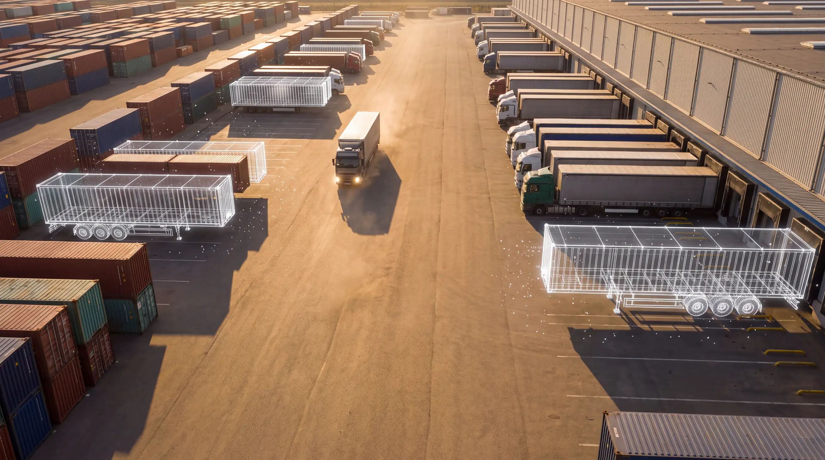 A freight yard at golden hour: semi-trailers at the loading docks and rows of containers, with a glowing white wireframe model over three of the trailers